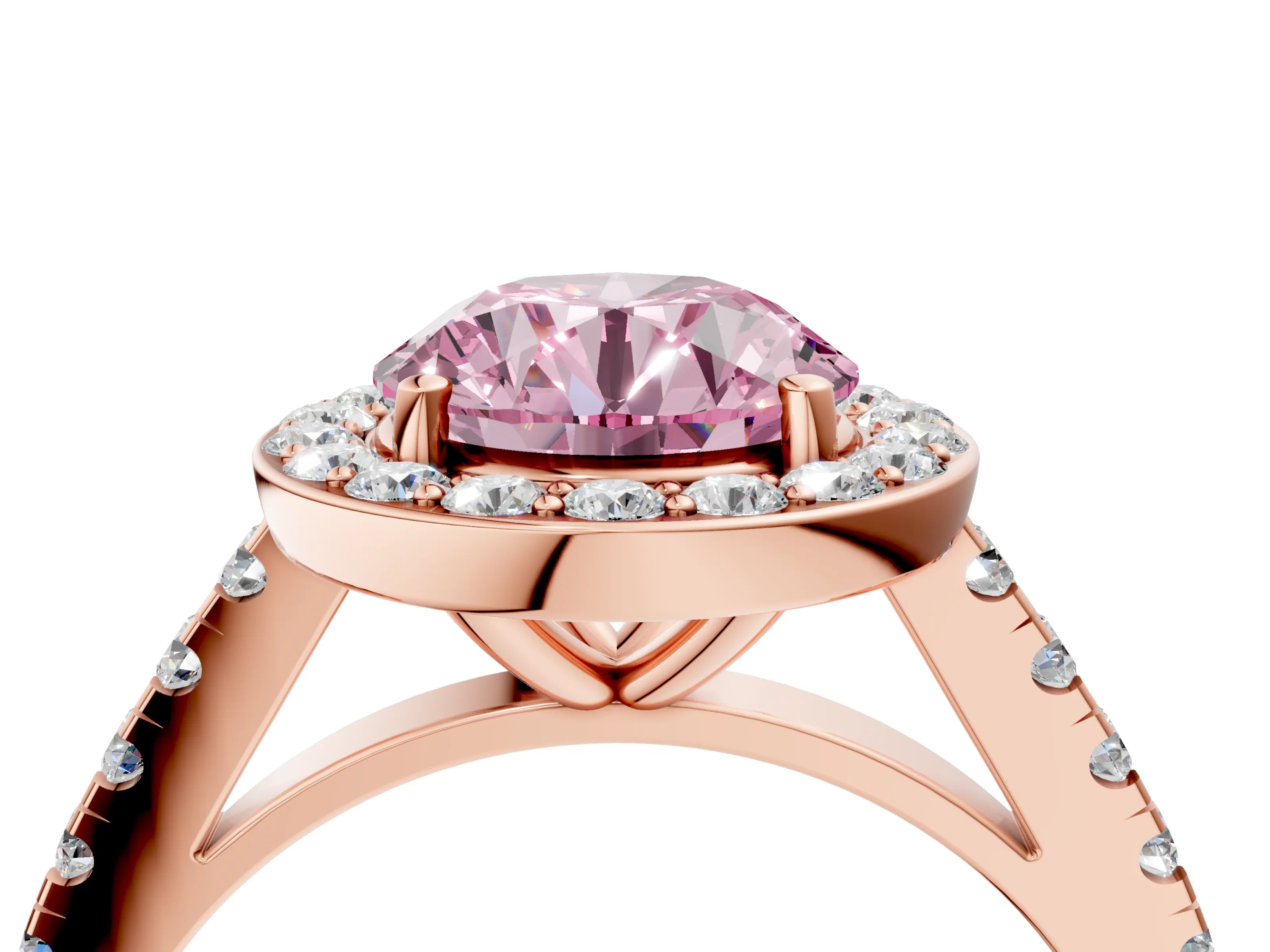 Rose gold Fancy Pink Round Cut Halo Diamond Ring with Pavé Band and Three-Prong Setting_4