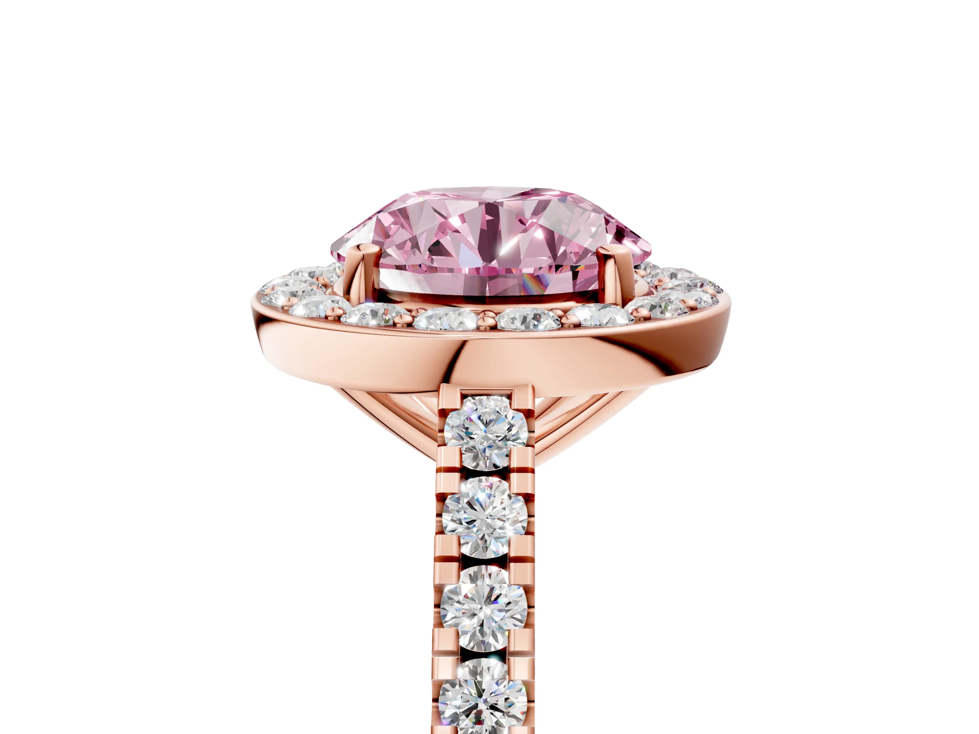 Rose gold Fancy Pink Round Cut Halo Diamond Ring with Pavé Band and Three-Prong Setting_5