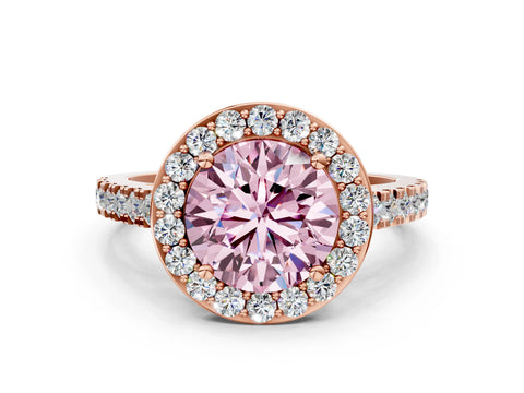 Rose gold Fancy Pink Round Cut Halo Diamond Ring with Pavé Band and Three-Prong Setting