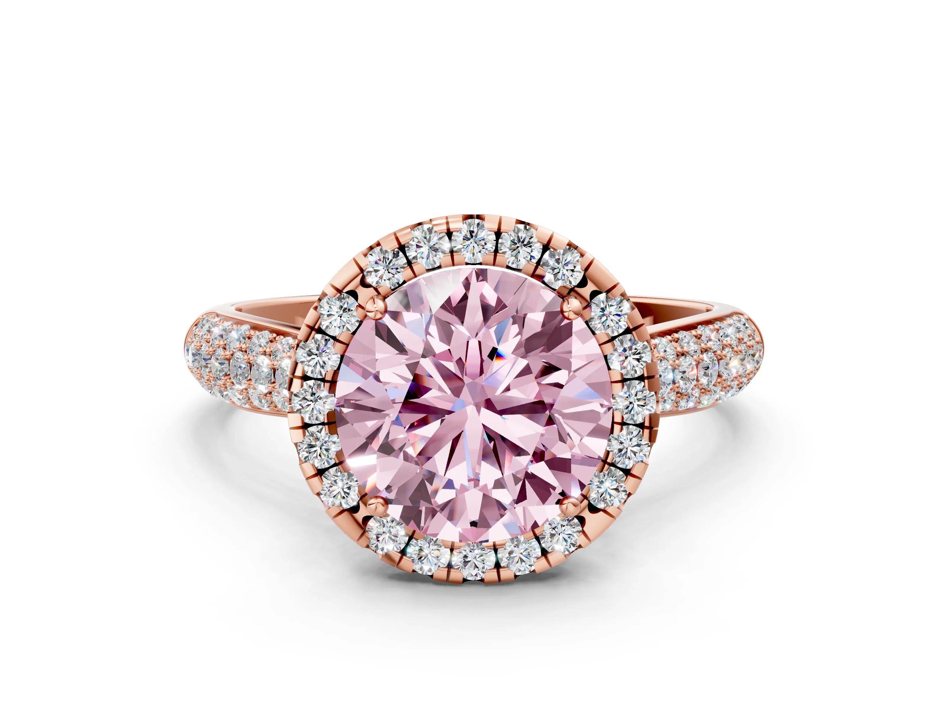 Rose gold Fancy Pink Round Cut Halo Diamond Ring with Pavé Band