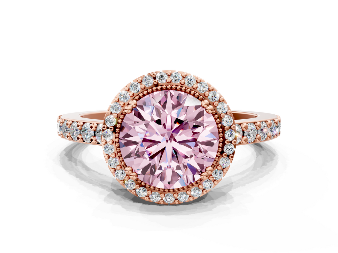 Rose gold Fancy Pink Round  Cut Halo Diamond Ring with Pave Band and Four-Prong Setting