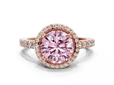 Rose gold Fancy Pink Round  Cut Halo Diamond Ring with Pave Band and Four-Prong Setting