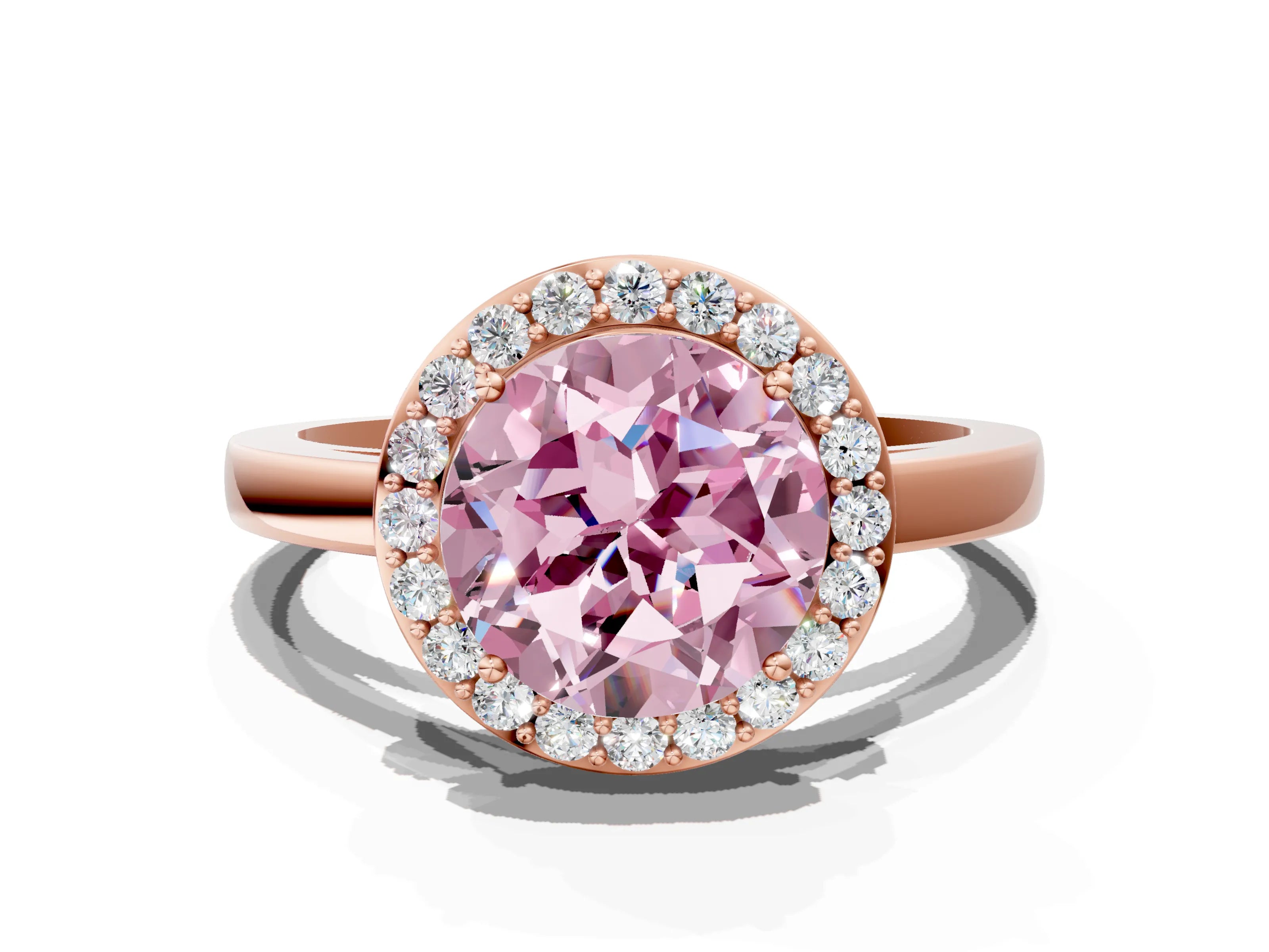 Rose gold Fancy Pink Round Cut Halo Diamond Ring with Solitaire Band and Prong Setting