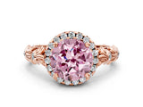 Rose gold Fancy Pink Round Cut Halo Diamond Solitaire with Filigree Band and Four-Prong Setting