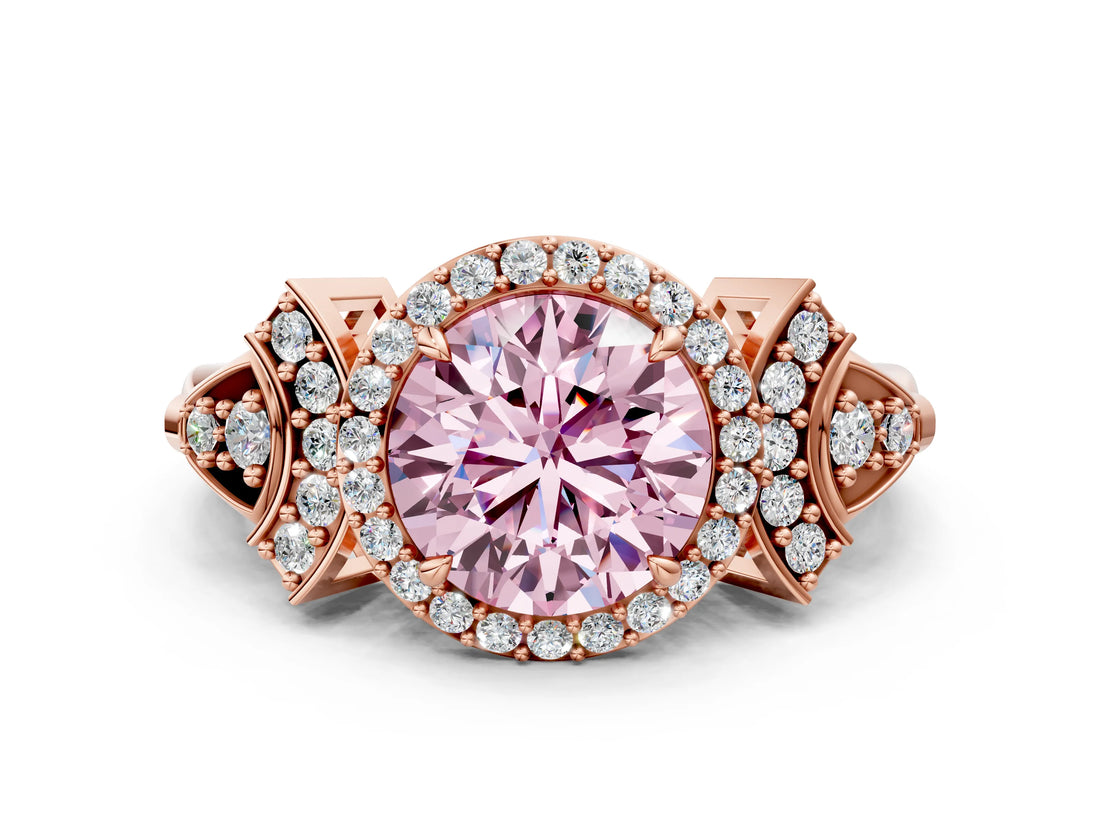 Rose gold Fancy Pink Round Cut Halo Diamond Split Shank Engagement Ring with Four-Prong Setting