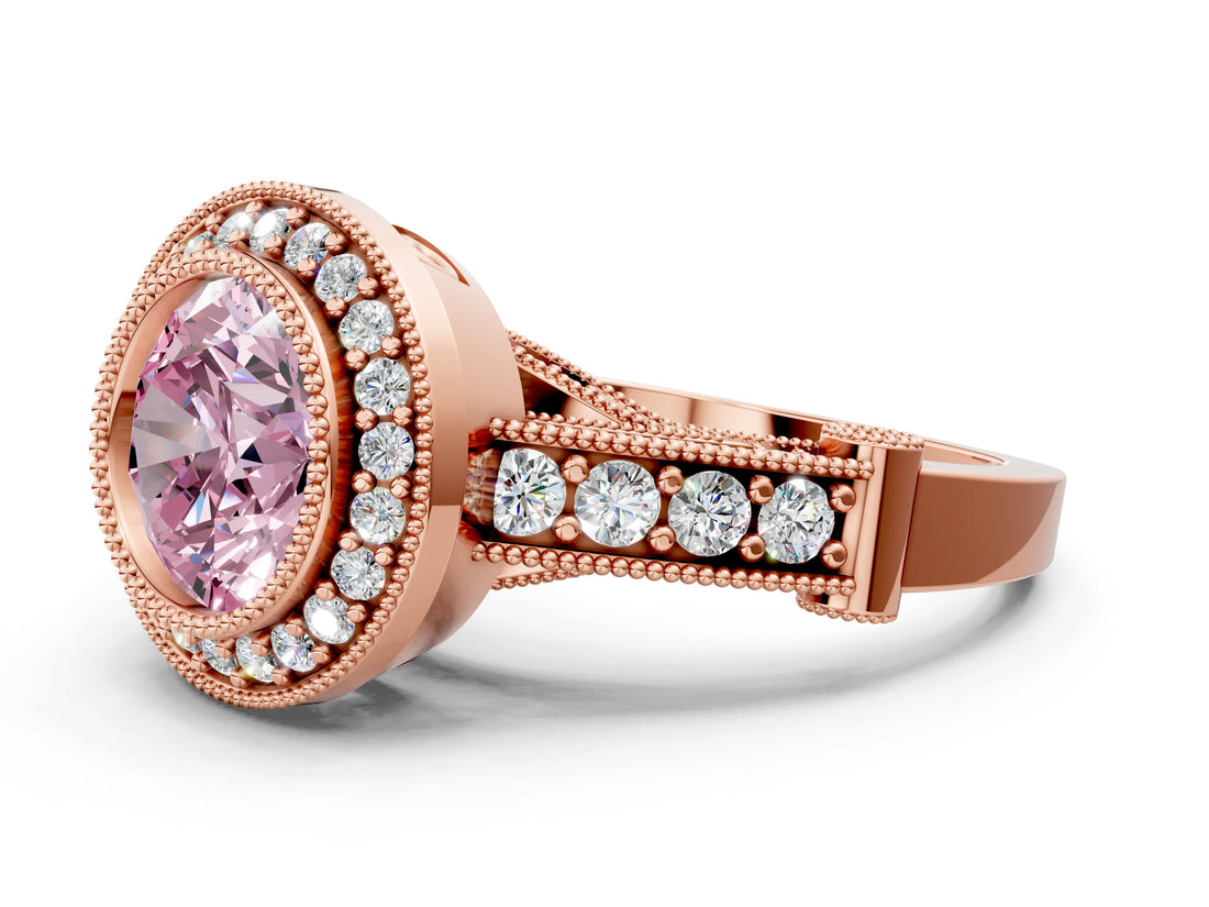 Rose gold Fancy Pink Round Cut Halo Diamond Split Shank Pave Ring