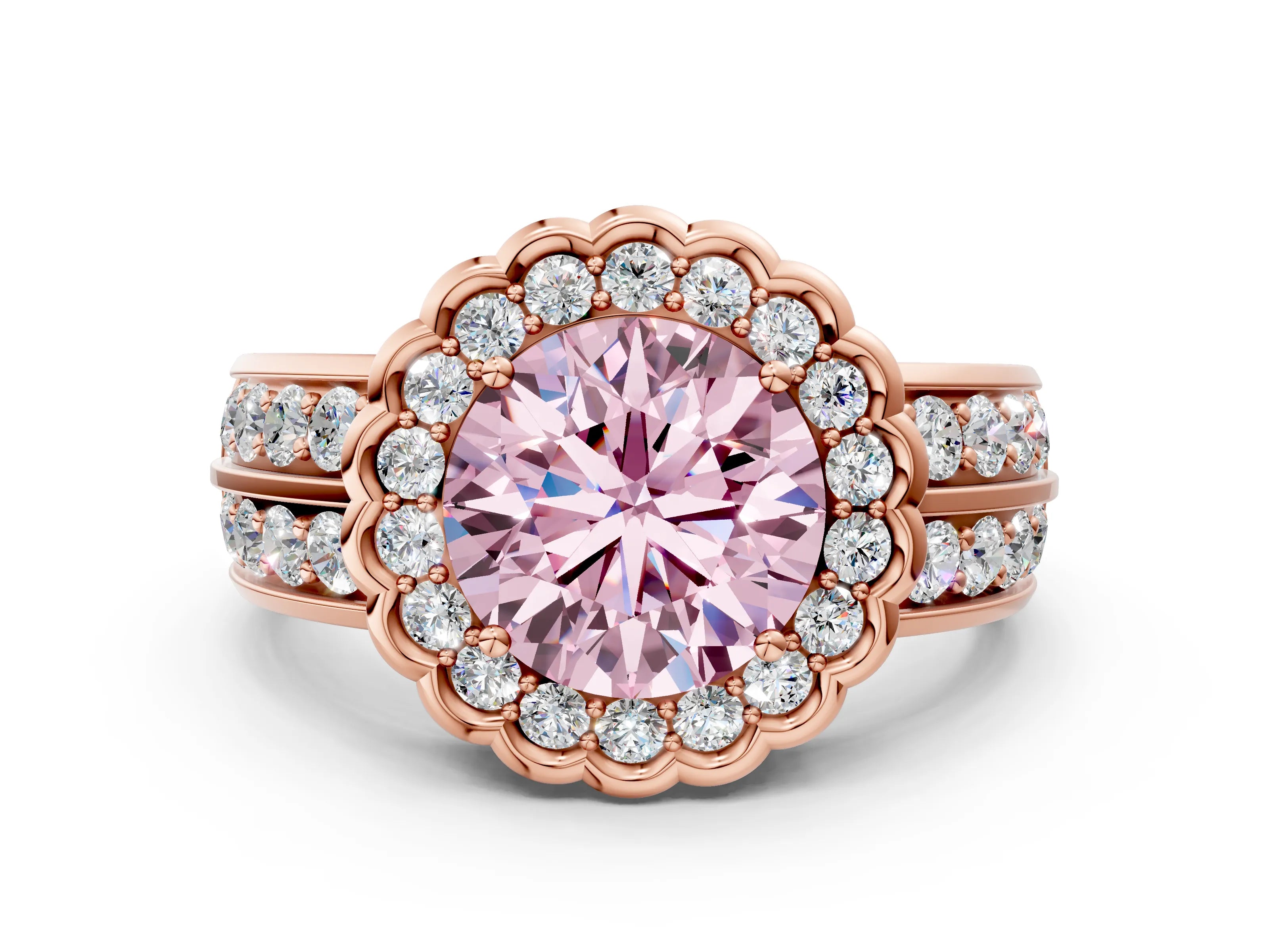 Rose gold Fancy Pink Round Cut Halo Diamond Split Shank Ring with Scalloped Prong Setting