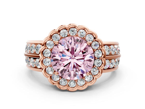 Rose gold Fancy Pink Round Cut Halo Diamond Split Shank Ring with Scalloped Prong Setting