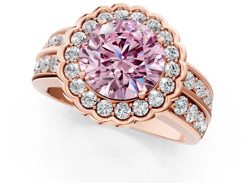 Rose gold Fancy Pink Round Cut Halo Diamond Split Shank Ring with Scalloped Prong Setting_1