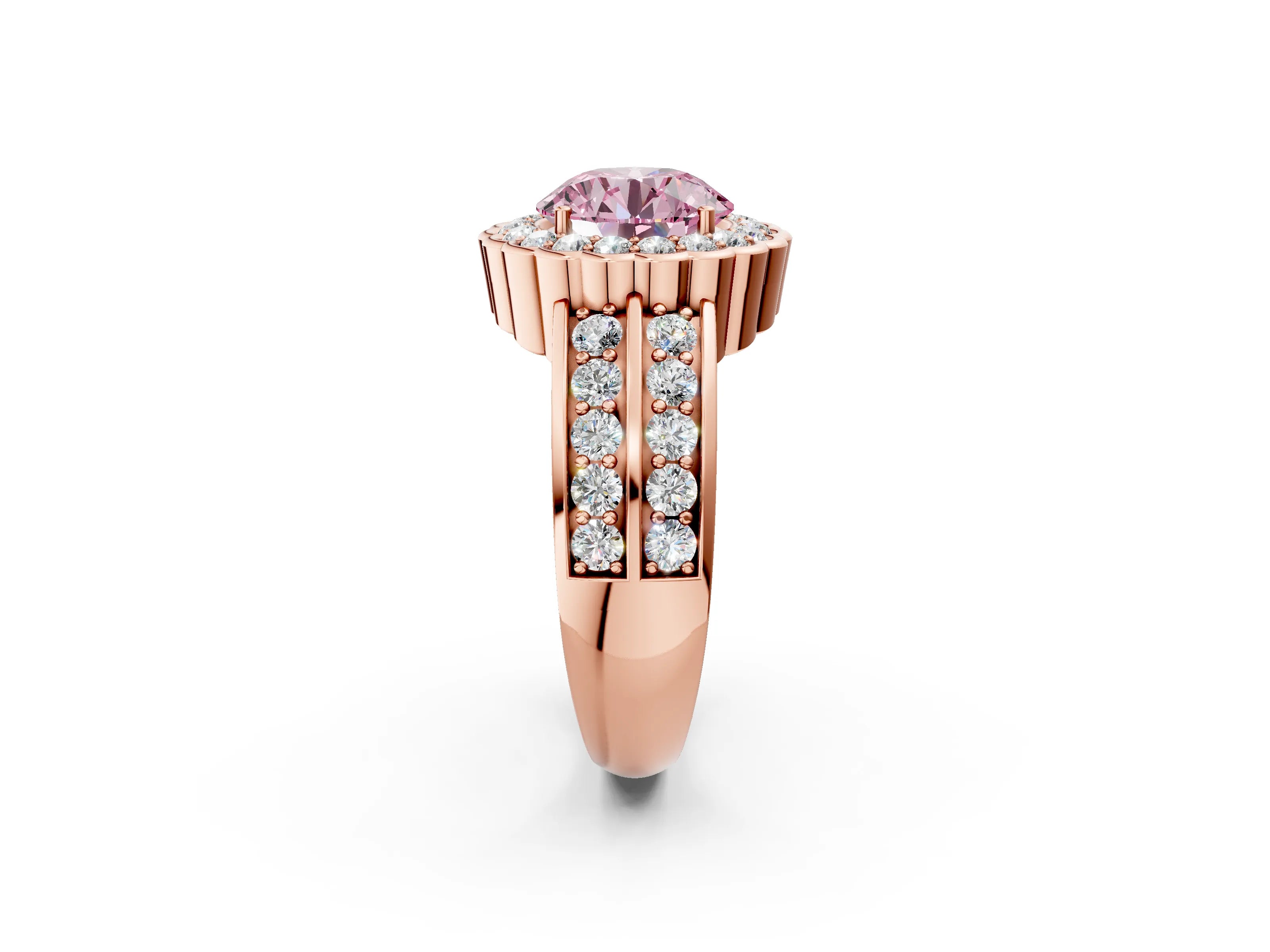 Rose gold Fancy Pink Round Cut Halo Diamond Split Shank Ring with Scalloped Prong Setting_2