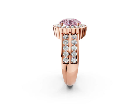 Rose gold Fancy Pink Round Cut Halo Diamond Split Shank Ring with Scalloped Prong Setting_2
