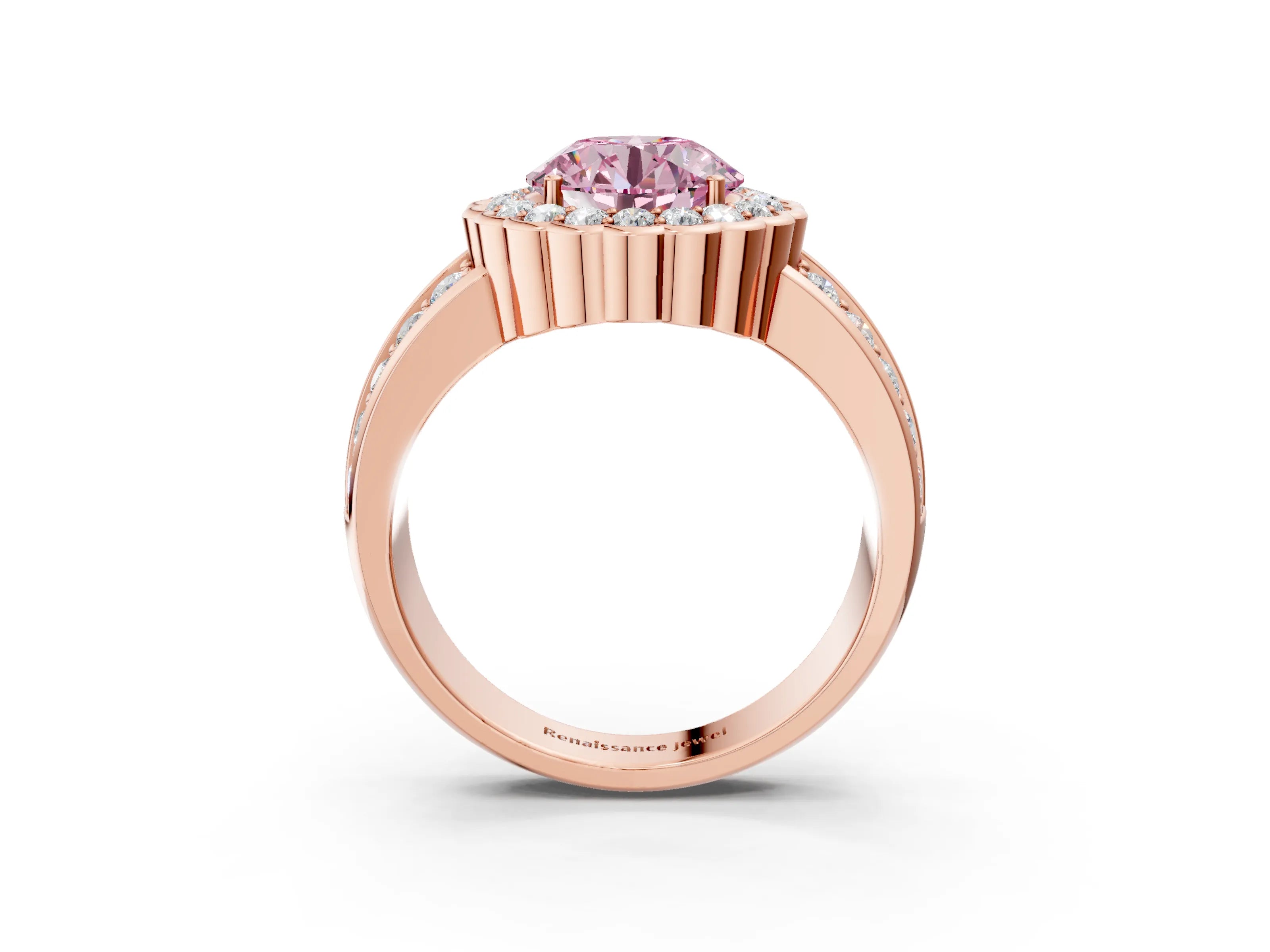 Rose gold Fancy Pink Round Cut Halo Diamond Split Shank Ring with Scalloped Prong Setting_3