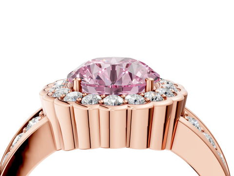 Rose gold Fancy Pink Round Cut Halo Diamond Split Shank Ring with Scalloped Prong Setting_4