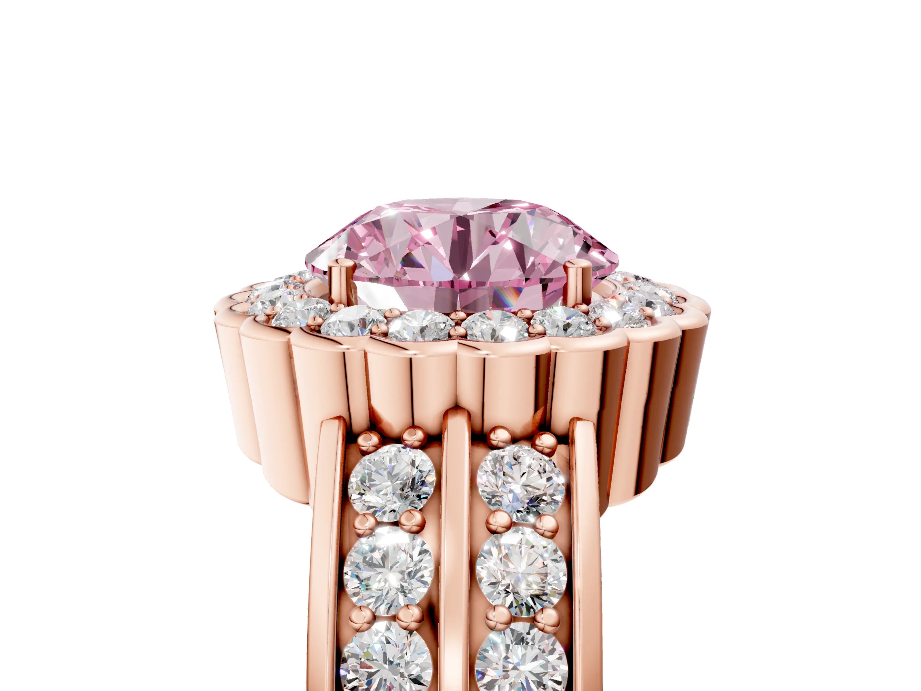 Rose gold Fancy Pink Round Cut Halo Diamond Split Shank Ring with Scalloped Prong Setting_5