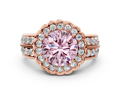Rose gold Fancy Pink Round Cut Halo Diamond Split Shank Ring with Scalloped Prong Setting