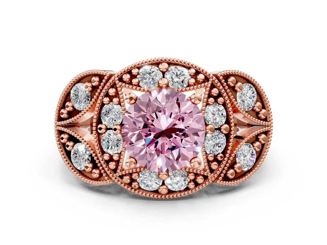 Rose gold Fancy Pink Round Cut Halo Milgrain Diamond Engagement Ring with Leaf Band and Four-Prong Setting
