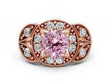 Rose gold Fancy Pink Round Cut Halo Milgrain Diamond Engagement Ring with Leaf Band and Four-Prong Setting