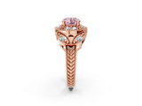 Rose gold Fancy Pink Round Cut Halo Milgrain Diamond Engagement Ring with Leaf Band and Four-Prong Setting_2