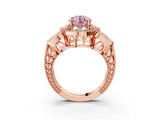 Rose gold Fancy Pink Round Cut Halo Milgrain Diamond Engagement Ring with Leaf Band and Four-Prong Setting_3