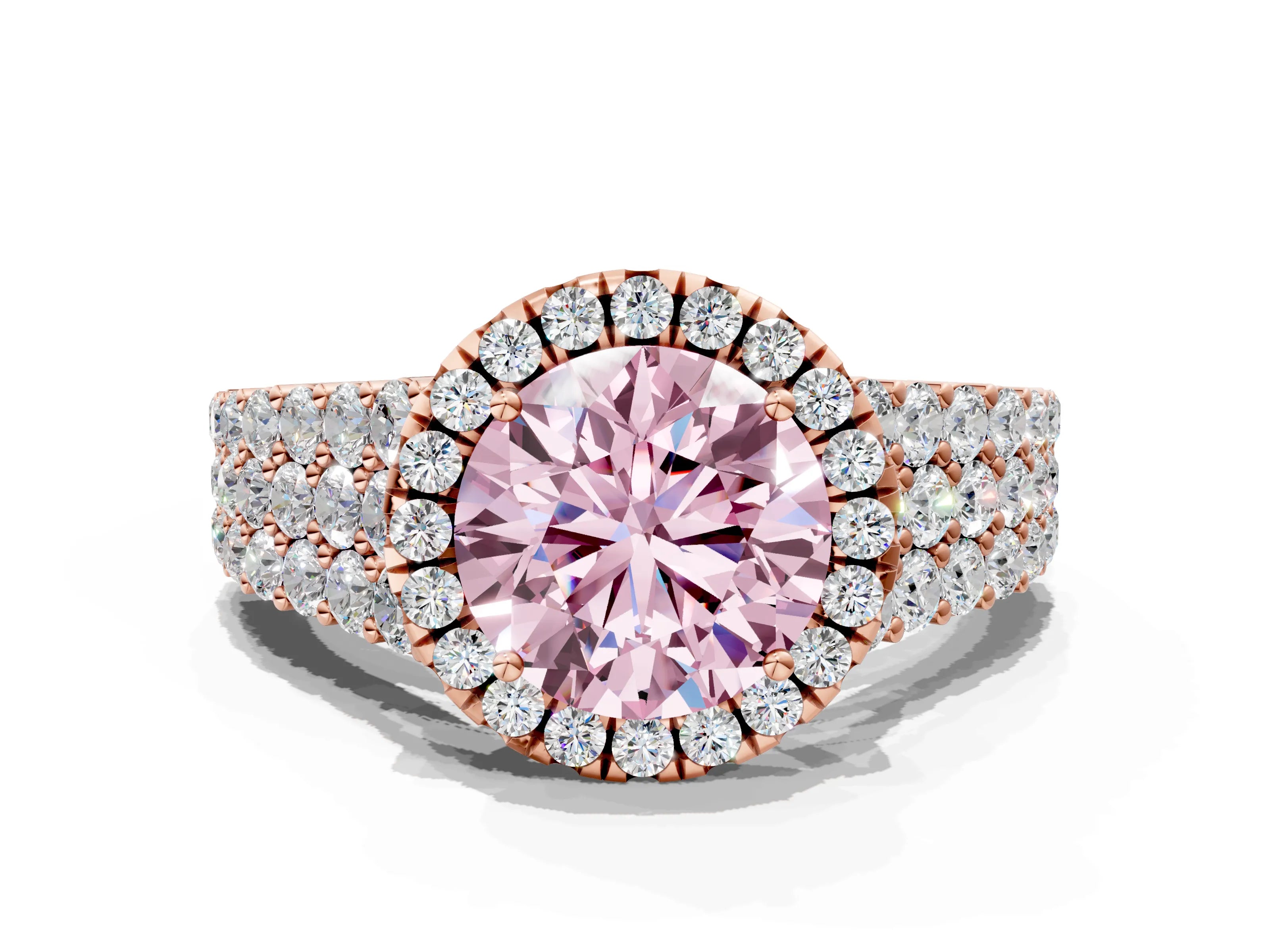 Rose gold Fancy Pink Round Cut Halo Pavé Diamond Engagement Ring with Split Shank and Four-Prong Setting_3