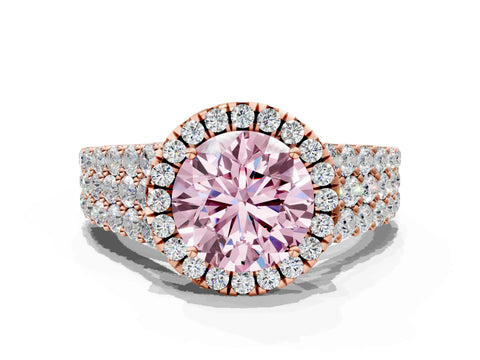 Rose gold Fancy Pink Round Cut Halo Pavé Diamond Engagement Ring with Split Shank and Four-Prong Setting_3
