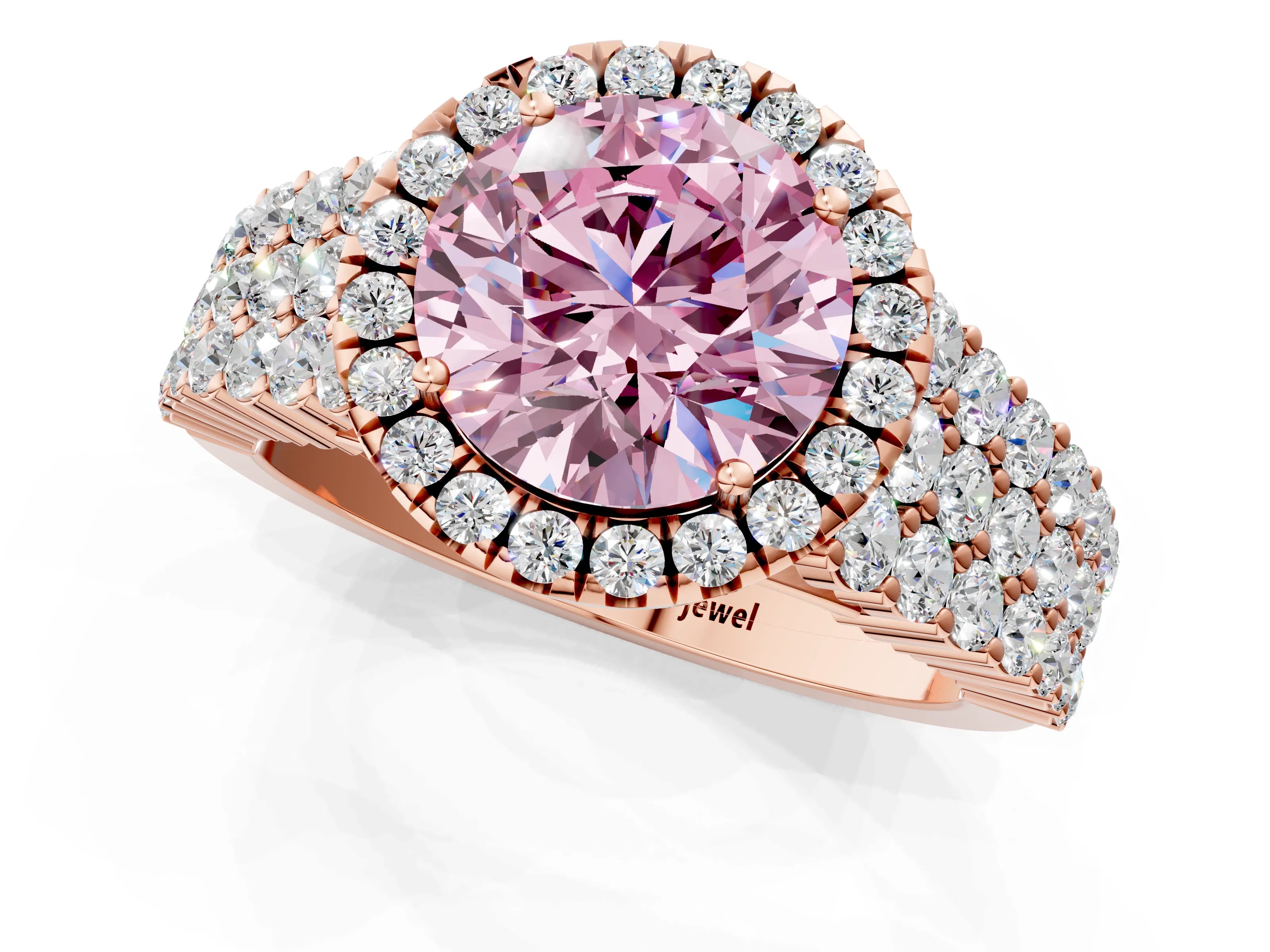 Rose gold Fancy Pink Round Cut Halo Pavé Diamond Engagement Ring with Split Shank and Four-Prong Setting_4