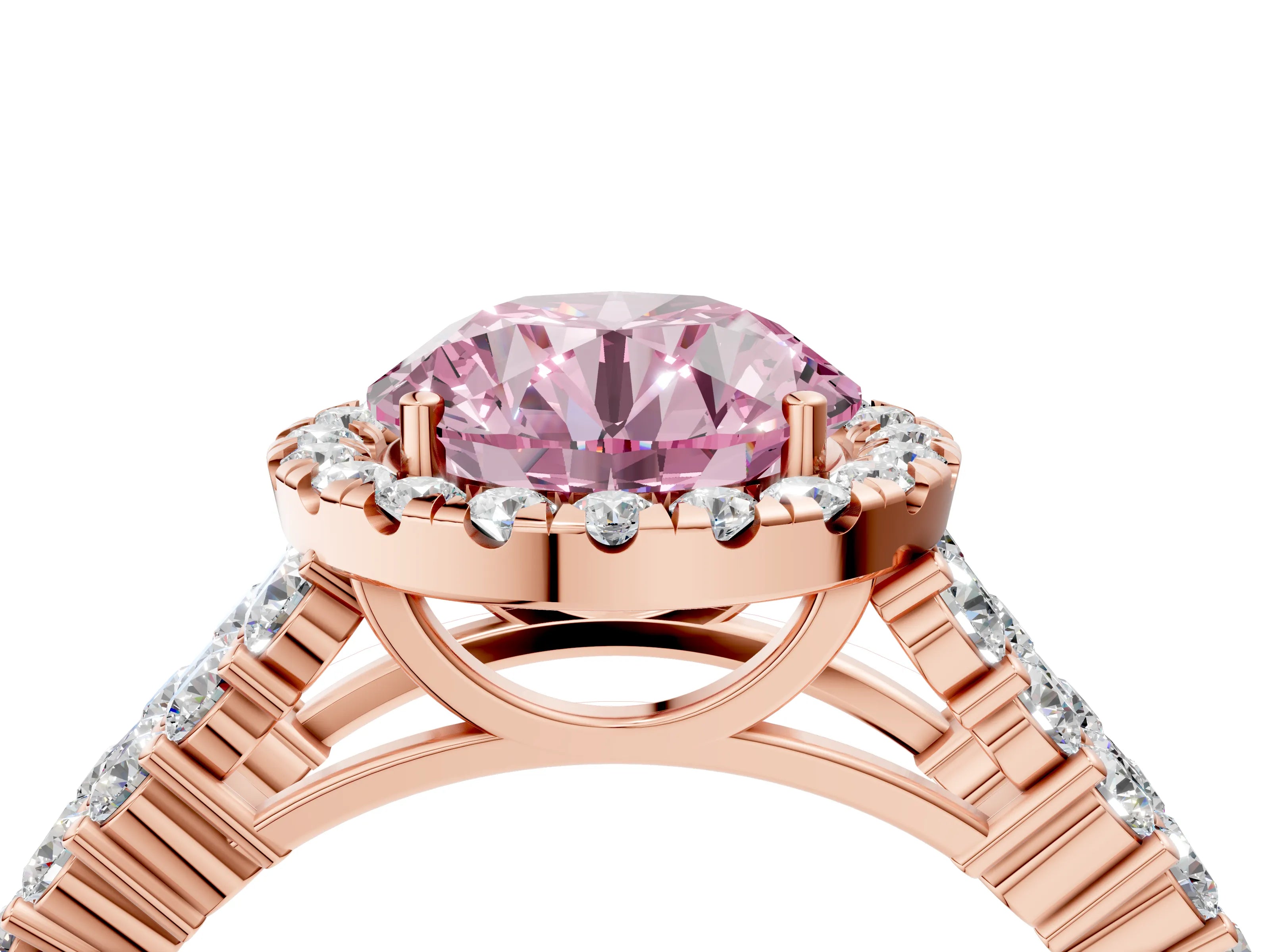 Rose gold Fancy Pink Round Cut Halo Pavé Diamond Engagement Ring with Split Shank and Four-Prong Setting_7