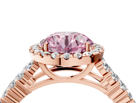 Rose gold Fancy Pink Round Cut Halo Pavé Diamond Engagement Ring with Split Shank and Four-Prong Setting_7