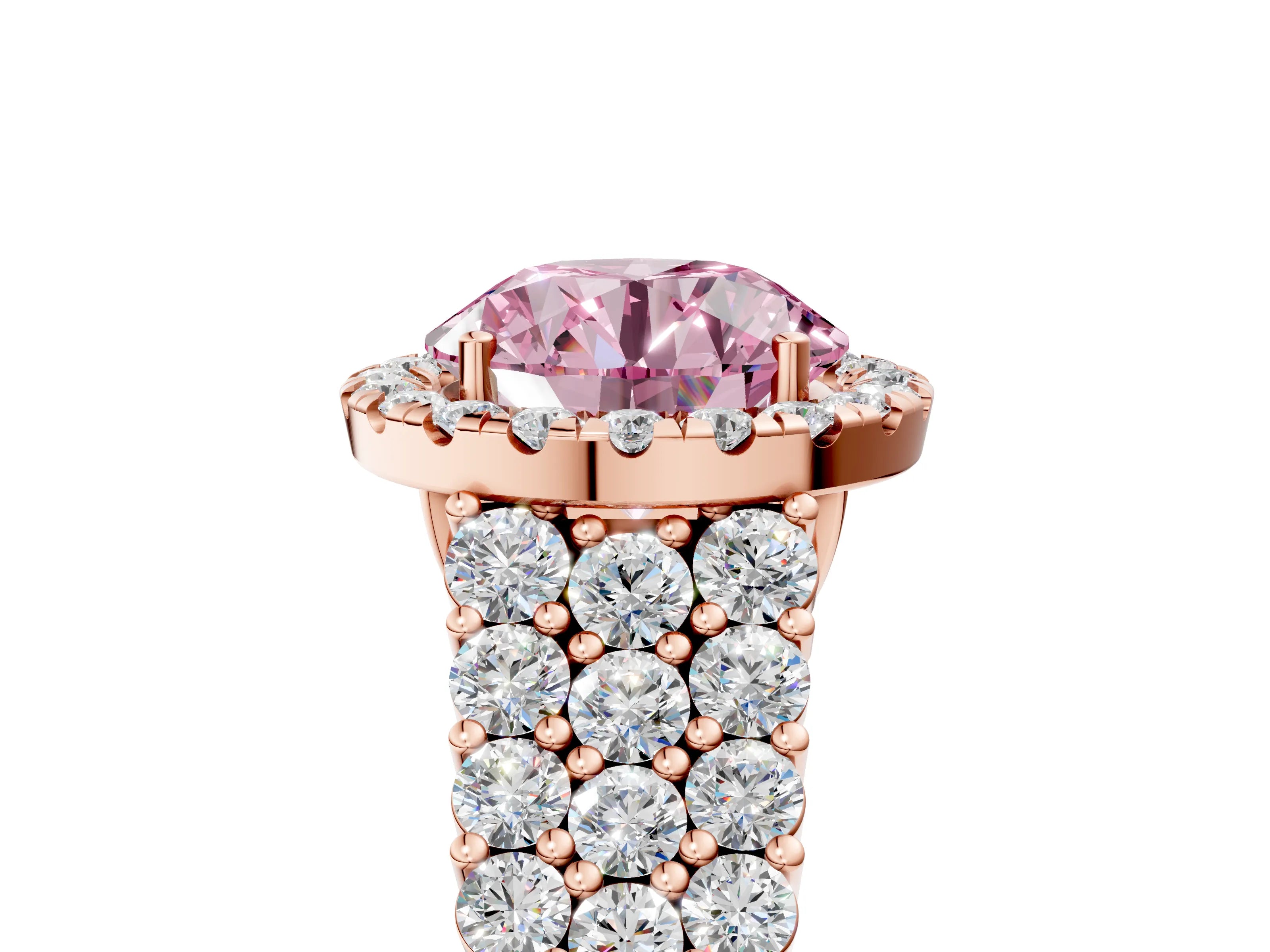 Rose gold Fancy Pink Round Cut Halo Pavé Diamond Engagement Ring with Split Shank and Four-Prong Setting_8