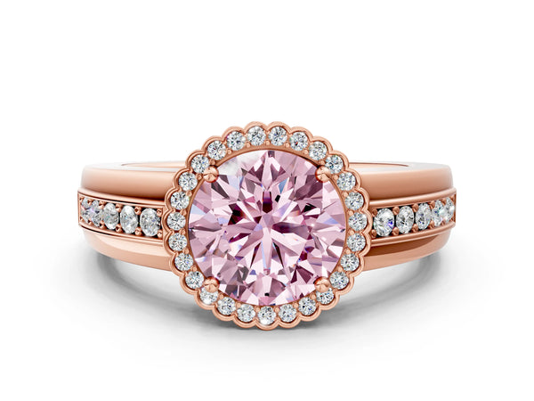 Rose gold Fancy Pink Round  Cut Halo Pave Band Four-Prong Ring