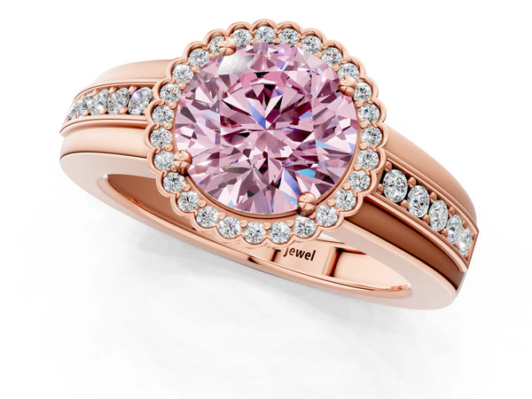 Rose gold Fancy Pink Round  Cut Halo Pave Band Four-Prong Ring
