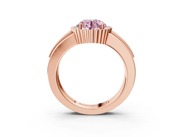 Rose gold Fancy Pink Round  Cut Halo Pave Band Four-Prong Ring