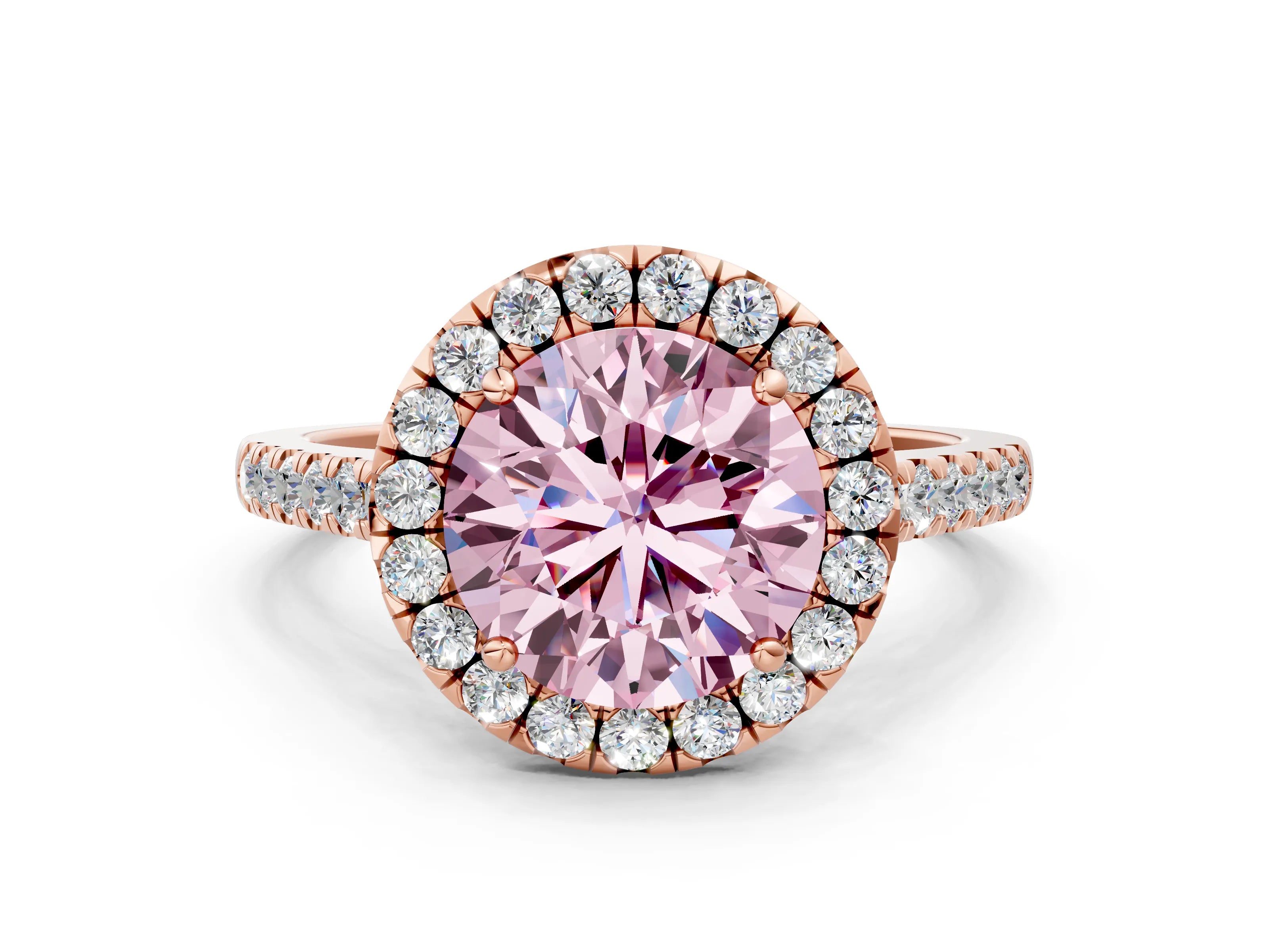 Rose gold Fancy Pink Round Cut Halo Pave Diamond Engagement Ring with Four-Prong Setting