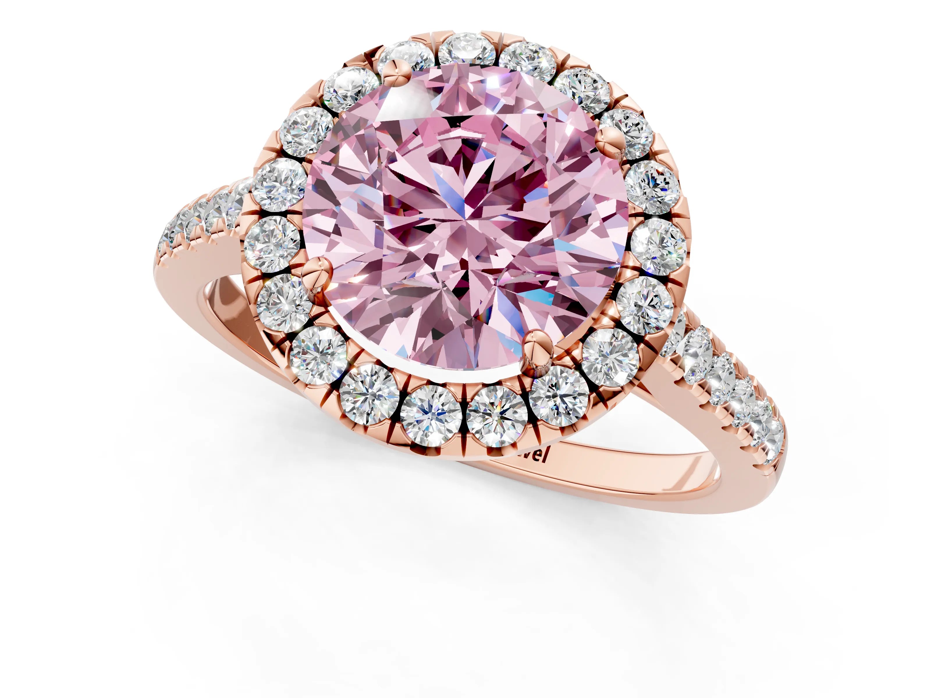 Rose gold Fancy Pink Round Cut Halo Pave Diamond Engagement Ring with Four-Prong Setting_1