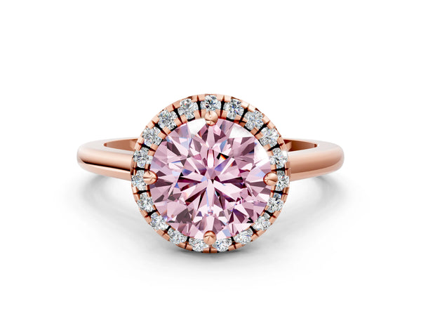 Rose gold Fancy Pink Round Cut Halo Round Diamond Solitaire Engagement Ring with Pave Band and Four-Prong Setting