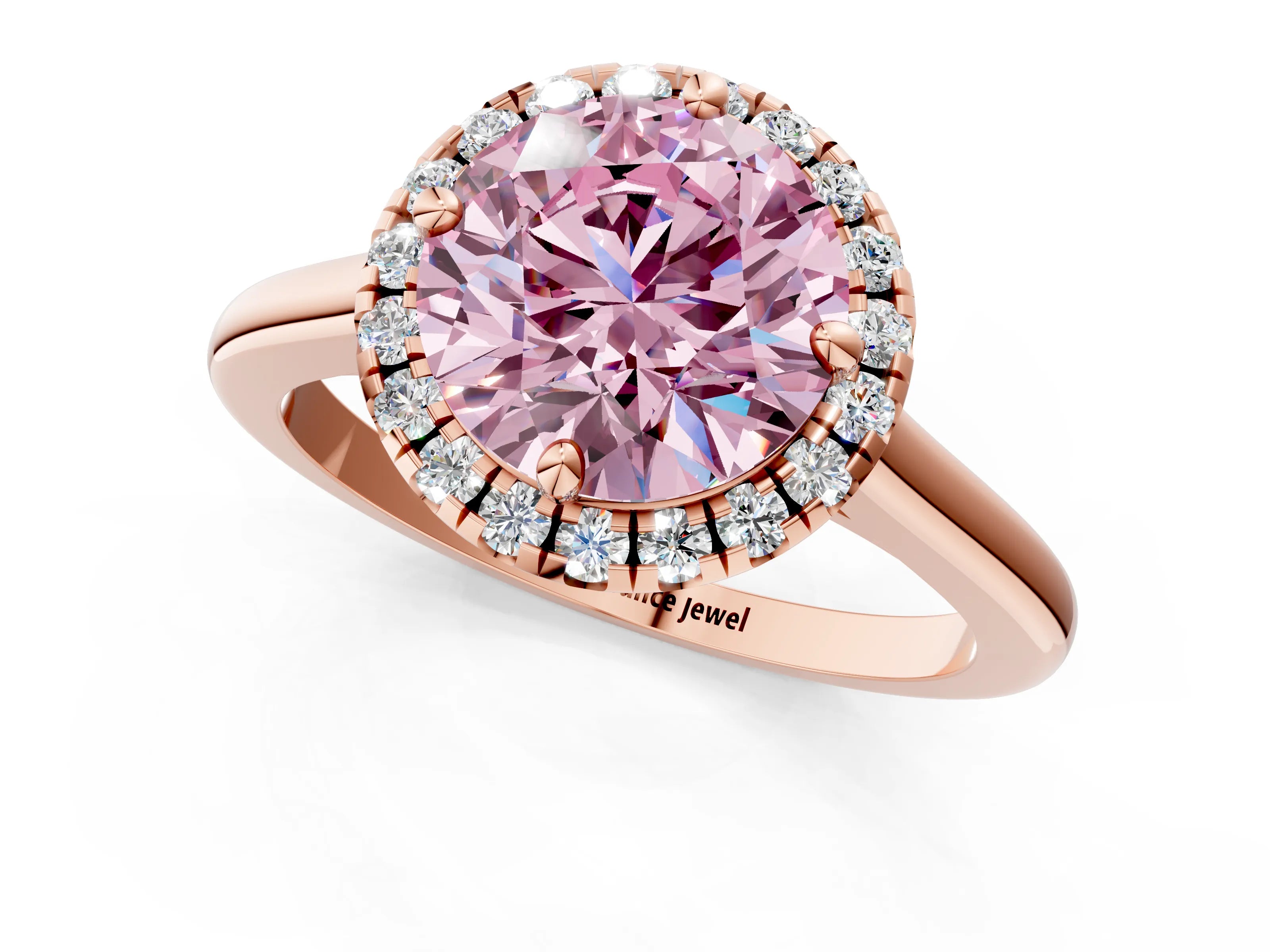 Rose gold Fancy Pink Round Cut Halo Round Diamond Solitaire Engagement Ring with Pave Band and Four-Prong Setting_13