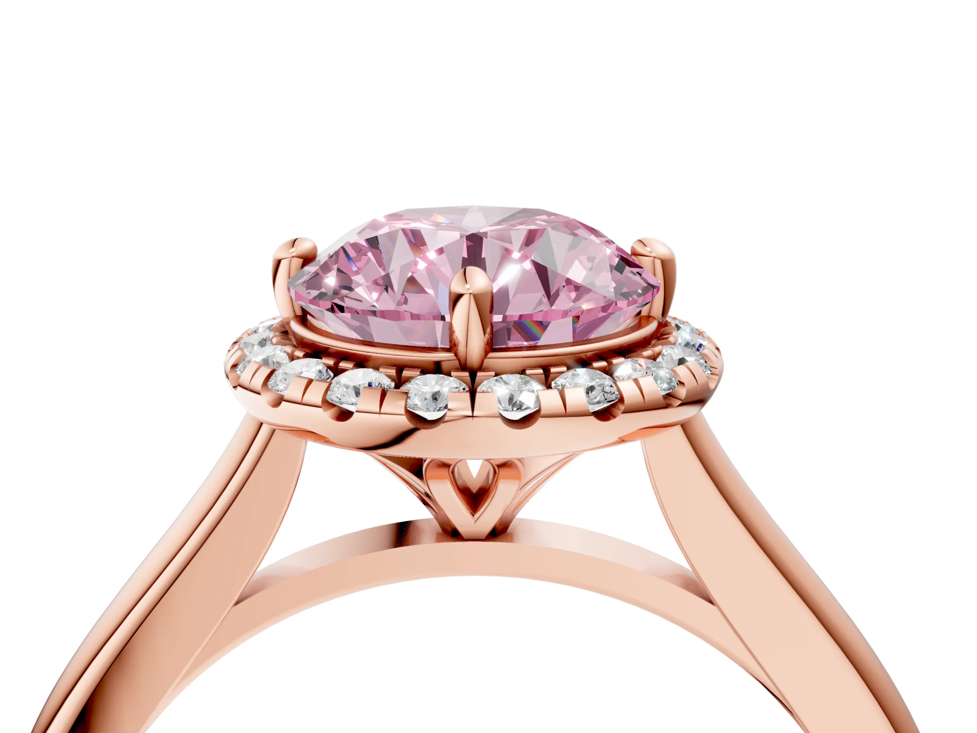 Rose gold Fancy Pink Round Cut Halo Round Diamond Solitaire Engagement Ring with Pave Band and Four-Prong Setting_16