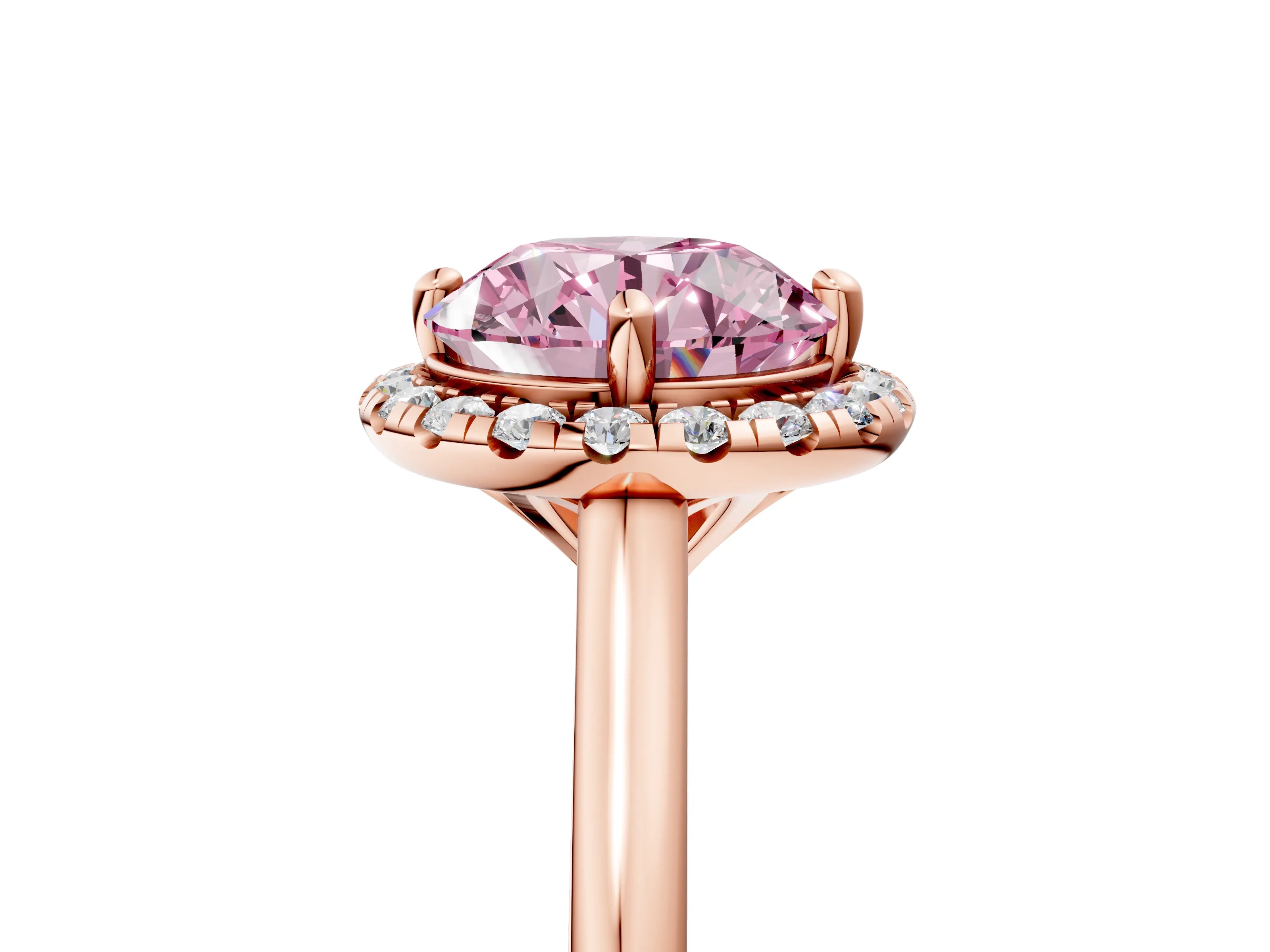 Rose gold Fancy Pink Round Cut Halo Round Diamond Solitaire Engagement Ring with Pave Band and Four-Prong Setting_17