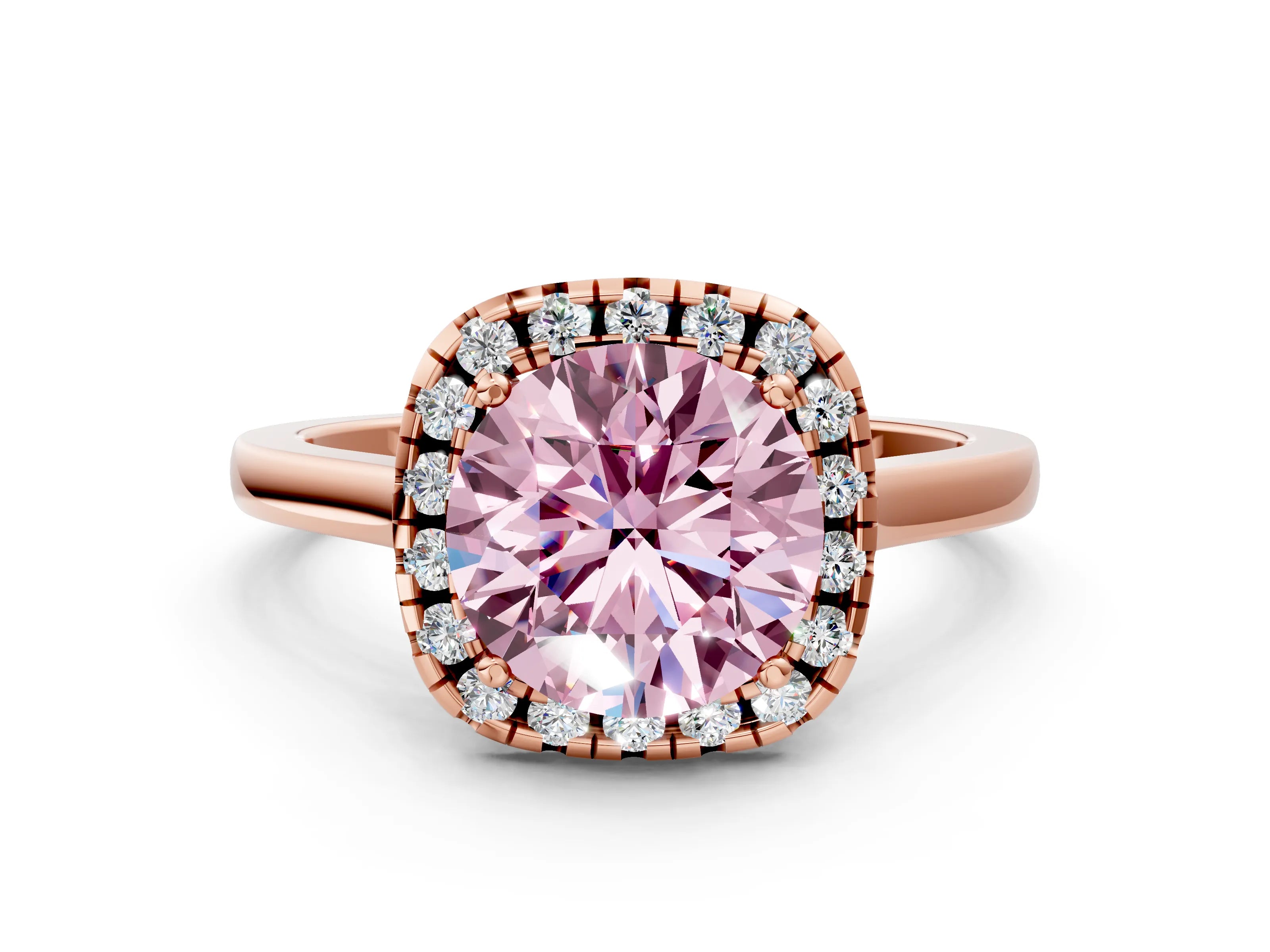 Rose gold Fancy Pink Round Cut Halo Round Diamond Solitaire Ring with Pavé Band and Four-Prong Setting
