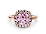 Rose gold Fancy Pink Round Cut Halo Round Diamond Solitaire Ring with Pavé Band and Four-Prong Setting