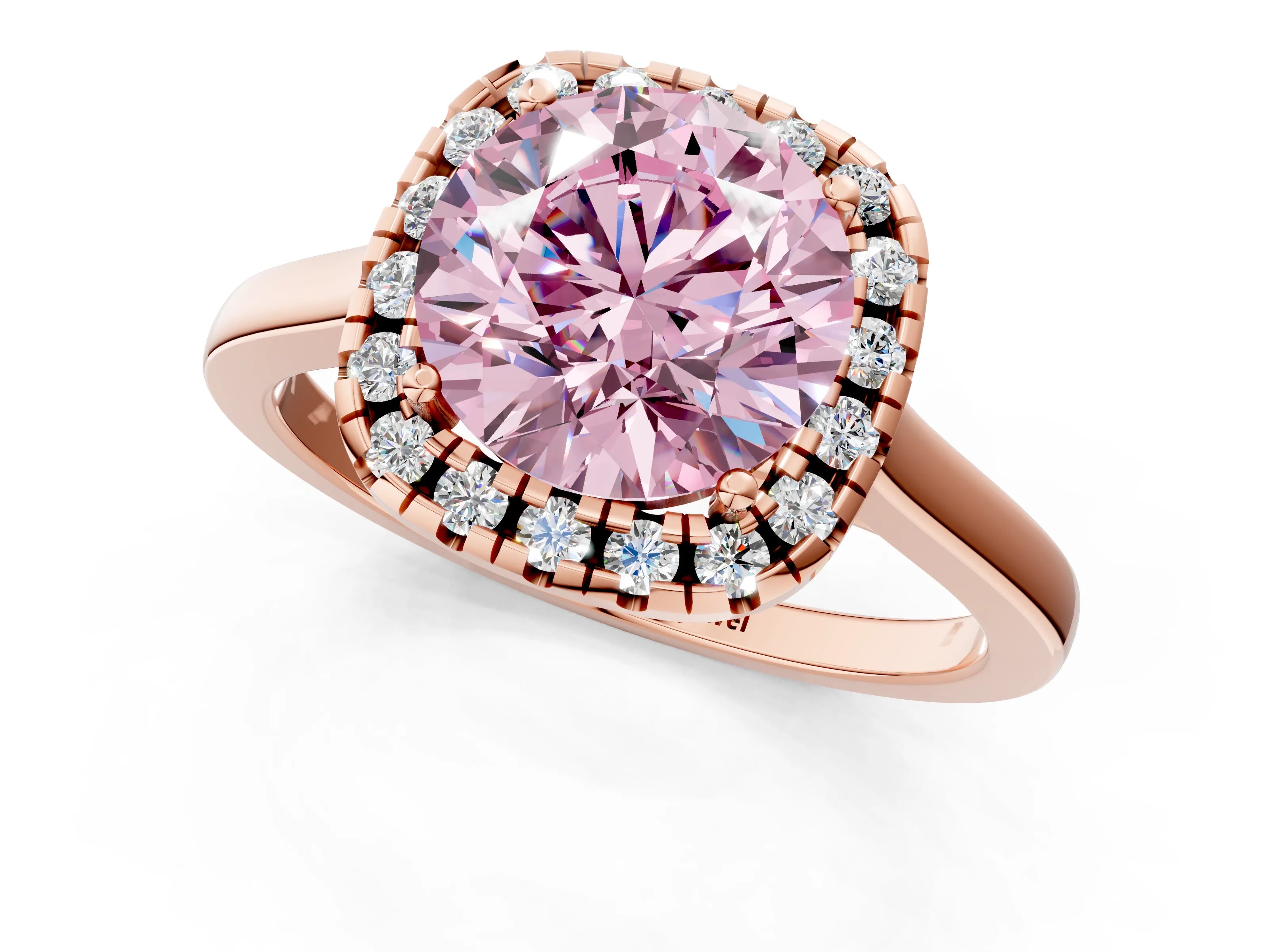 Rose gold Fancy Pink Round Cut Halo Round Diamond Solitaire Ring with Pavé Band and Four-Prong Setting_1