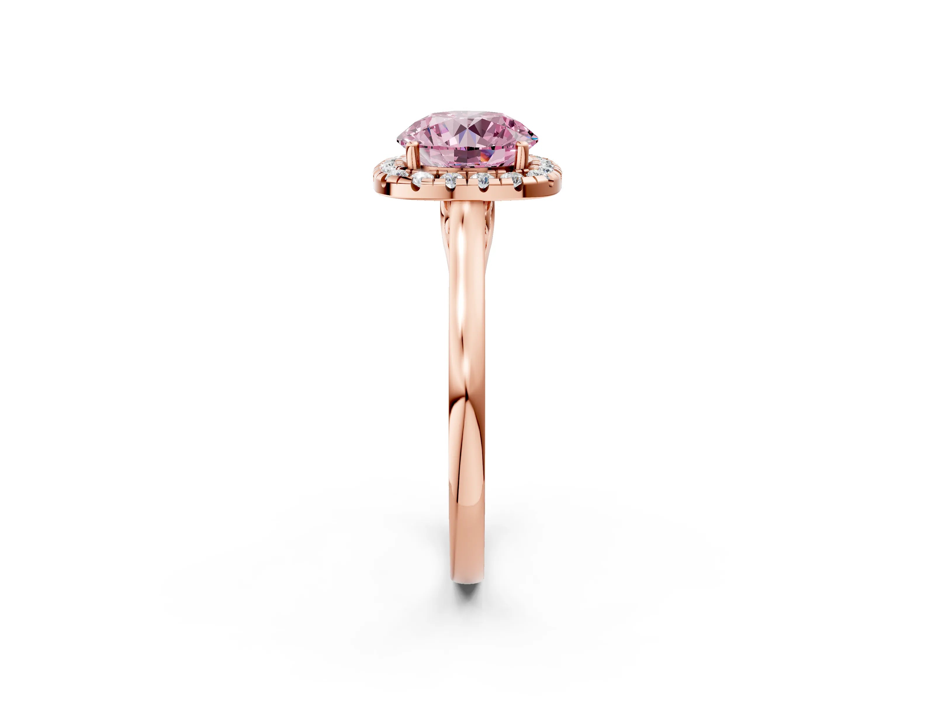 Rose gold Fancy Pink Round Cut Halo Round Diamond Solitaire Ring with Pavé Band and Four-Prong Setting_2
