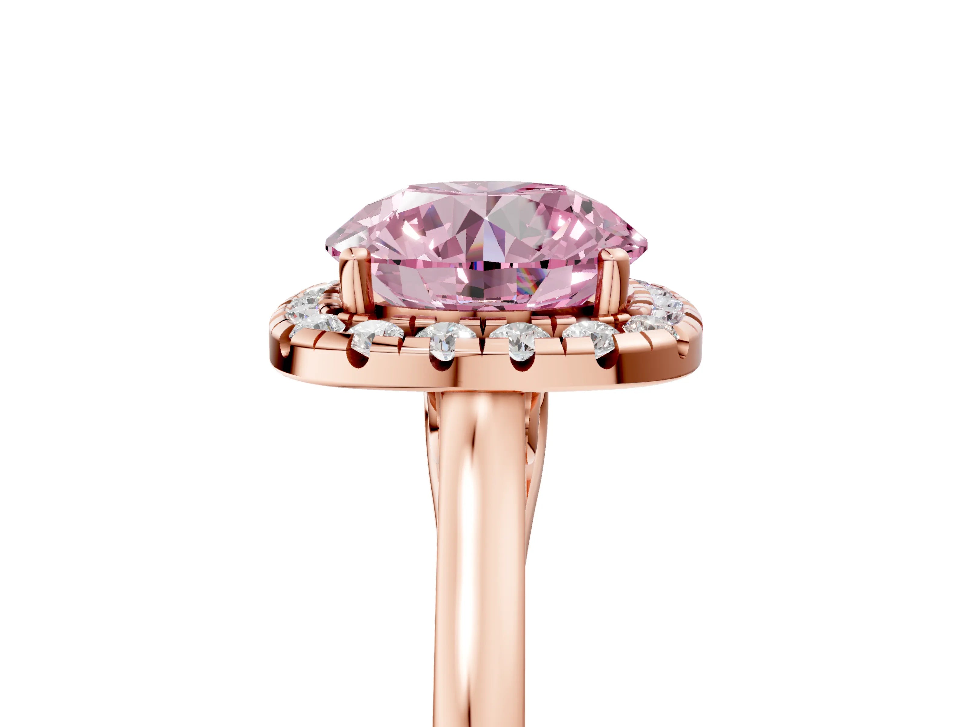Rose gold Fancy Pink Round Cut Halo Round Diamond Solitaire Ring with Pavé Band and Four-Prong Setting_5