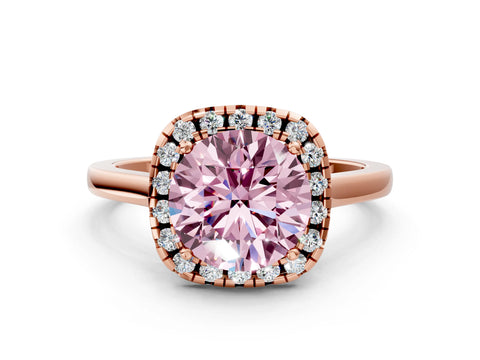 Rose gold Fancy Pink Round Cut Halo Round Diamond Solitaire Ring with Pavé Band and Four-Prong Setting