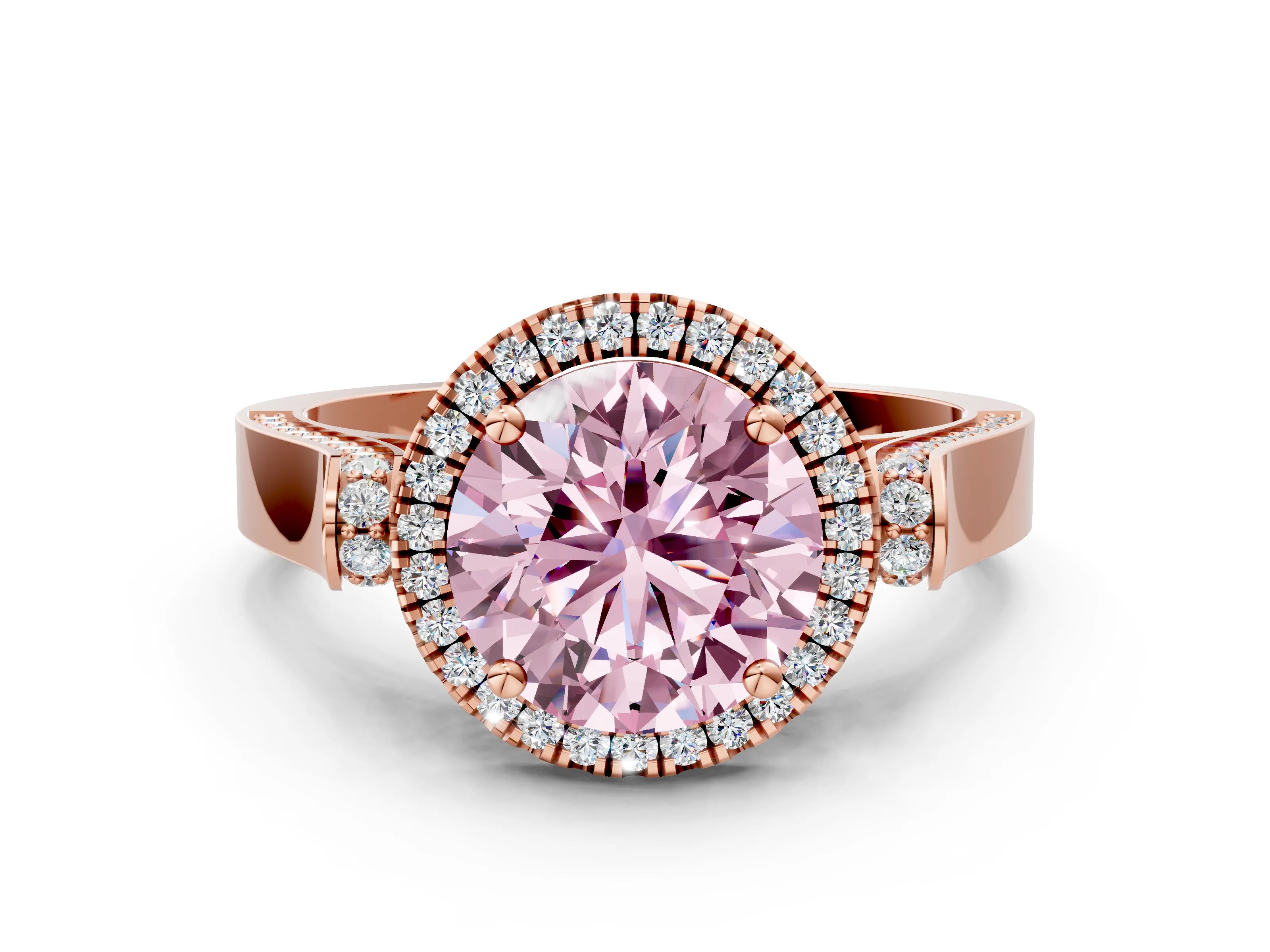 Rose gold Fancy Pink Round Cut Halo Round Diamond Twist Band with Four-Prong Setting