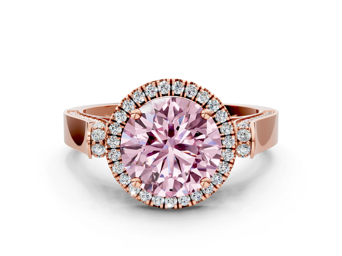 Rose gold Fancy Pink Round Cut Halo Round Diamond Twist Band with Four-Prong Setting