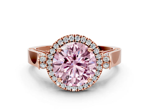 Rose gold Fancy Pink Round Cut Halo Round Diamond Twist Band with Four-Prong Setting