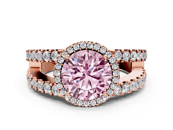 Rose gold Fancy Pink Round  Cut Halo Split Shank Diamond Ring with Four-Prong Setting