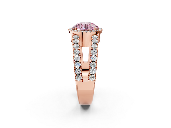 Rose gold Fancy Pink Round  Cut Halo Split Shank Diamond Ring with Four-Prong Setting