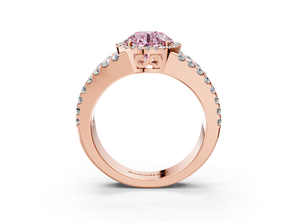 Rose gold Fancy Pink Round  Cut Halo Split Shank Diamond Ring with Four-Prong Setting